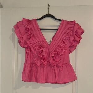 Pink Ruffled V-Neck Women's Top
